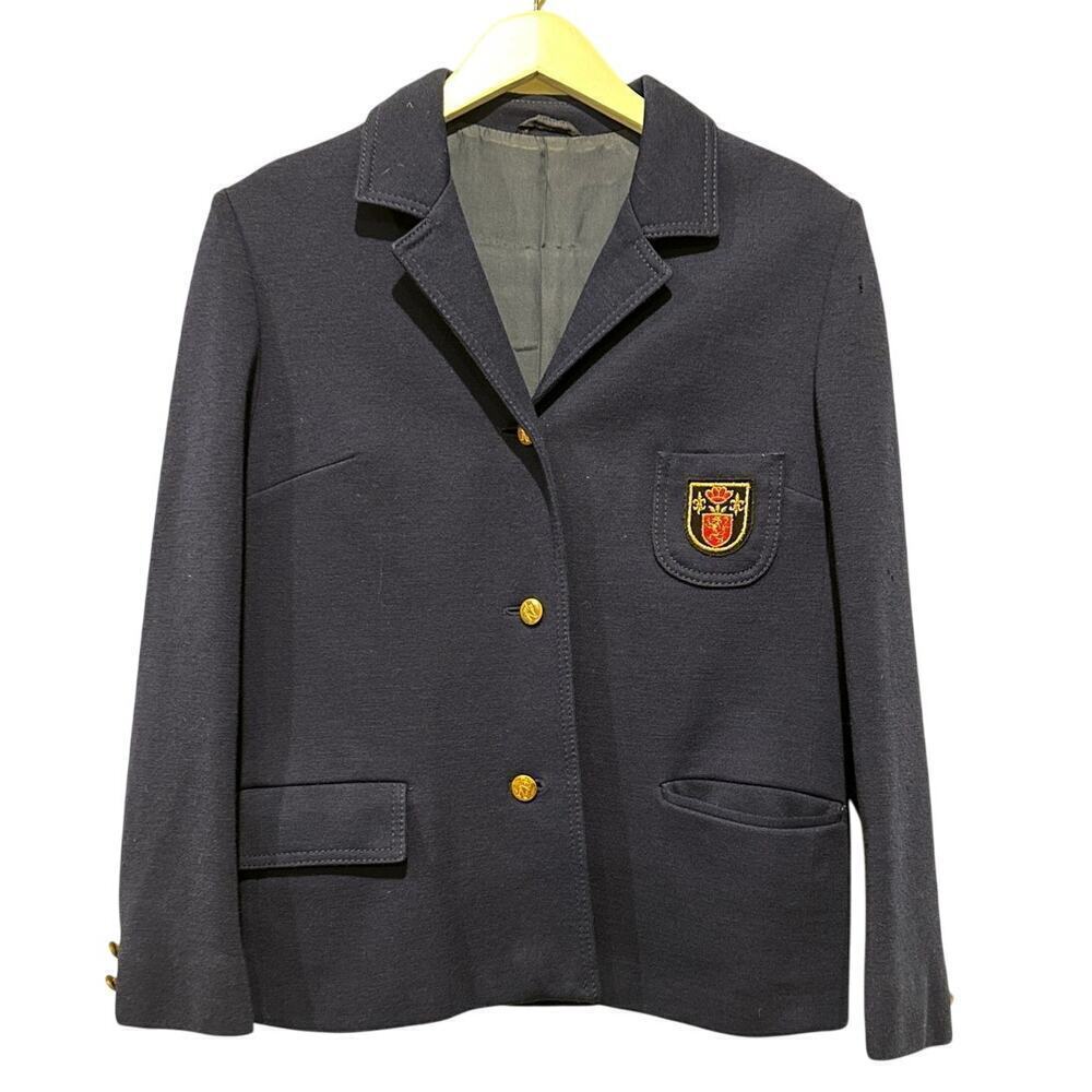 Size M Merino Wool Vintage Blazer Blue Academia Crest Preppy Clueless FLAWED
